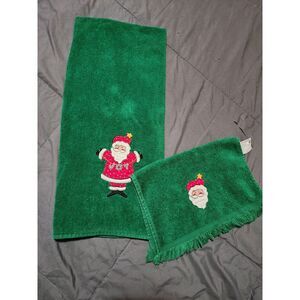 Vintage‎ Set Of 2 Cannon Christmas Finger & Tea Towel, Green Santa Claus